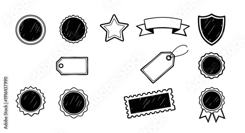 Collection of award, badge, and recognition icons including medals, ribbons, tags, and shields