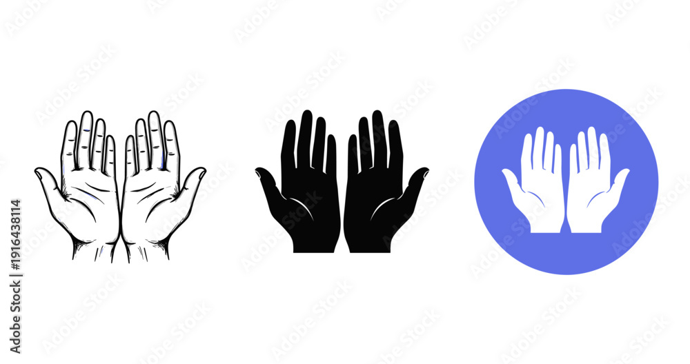 Fototapeta premium Diverse hand illustrations: line art, silhouette, emoji in blue circle