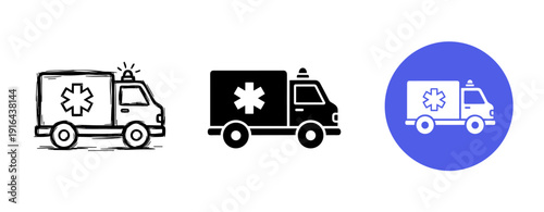 Ambulance icon set: hand-drawn, solid, and circular variants
