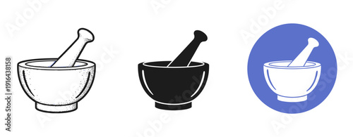 Mortar and pestle icon set: black, white, and blue variations