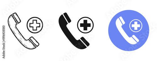 Medical emergency phone icon variations: black, white, and blue circle designs