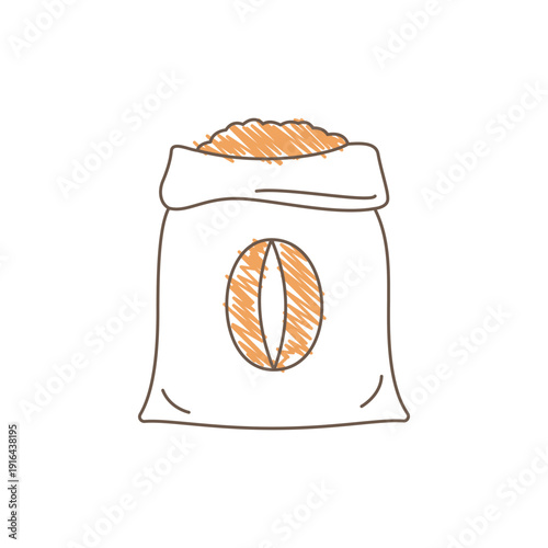 An open bag filled with coffee beans and featuring a stylized coffee bean logo. Simple loose hand drawn sketch with free lines and shading for a natural coffee theme Line art vector illustration