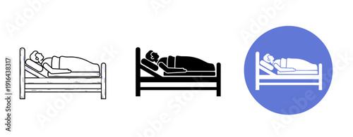 Icon set of sleeping person on bed: outline, solid, and colored circle variations