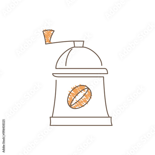 A manual coffee grinder with a rounded body side handle and front circular emblem featuring a stylized coffee bean simple minimalistic sketch with flowing lines Line art vector illustration