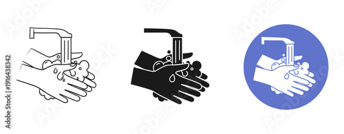 Black and white hands washing icon set with blue circle background