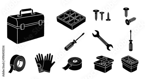 Collection of black and white icons depicting a toolbox, storage boxes, screws, screwdrivers, wrenches, tape, gloves, and organizing accessories