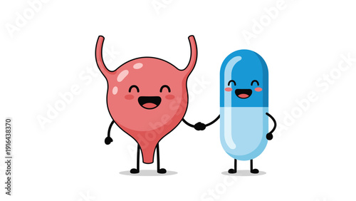 Healthy bladder character shaking hands with a blue medicine pill capsule representing treatment and recovery.