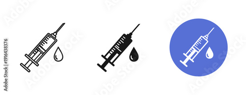 Set of syringe icons with drop: black and blue variations on white
