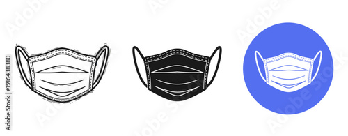 Set of three face mask icons: outlined, solid, and circular designs