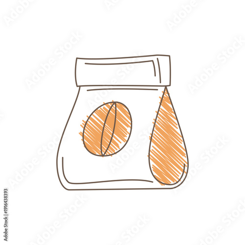 A coffee bean bag with a pointed top and a large orange coffee bean illustration featuring internal lines and hatching minimalistic stylized sketch with thin uneven lines Line art vector illustration