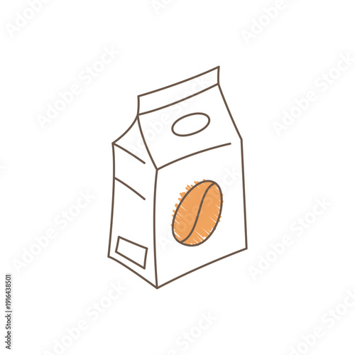 A coffee packaging in three dimensional perspective with a large coffee bean illustration featuring light brown orange tones and fine texture lines minimalistic sketch Line art vector illustration