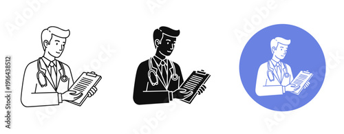 Male doctors of diverse races reviewing medical records