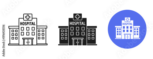 Black and white hospital icon set with blue circle variation