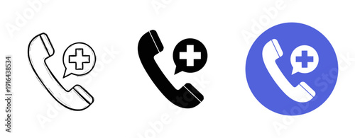Medical phone consultation icons in sketch, solid, and color styles on white background