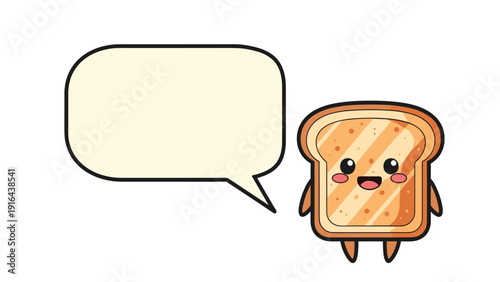 Cute slice of toast character with a smiling face and an empty speech bubble for customized text and messages.