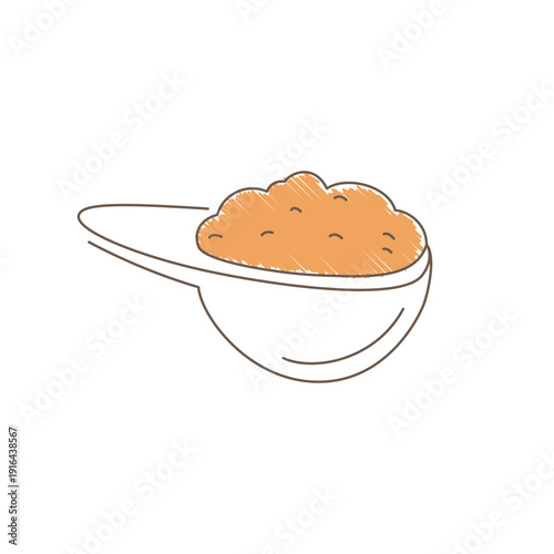 A measuring spoon in profile filled with textured ground coffee featuring rich brown shading and granular details simple doodle style sketch with thin uneven lines Line art vector illustration