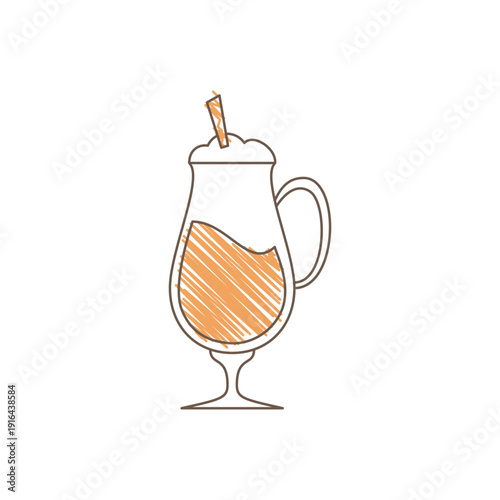 A tall cocktail glass with a handle containing an orange drink a long straw with small hatch marks simple sketchy illustration with loose uneven lines Line art vector illustration