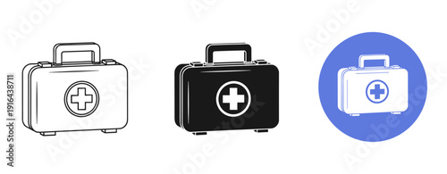 Set of emergency first aid kits in black, white, and blue icons