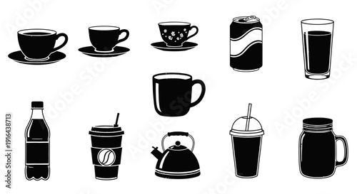 Collection of black and white silhouettes of various beverage containers including cups, cans, bottles, and jars