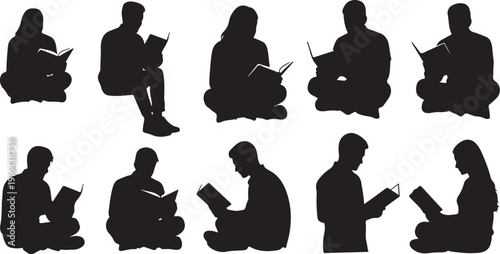 Silhouettes of people reading books in various sitting positions