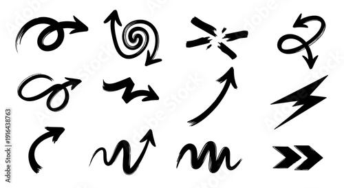 Collection of black, hand-drawn, dynamic arrows and scribbles with varying styles on white background