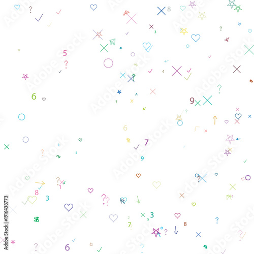 Colorful scattered geometric symbols and numbers background