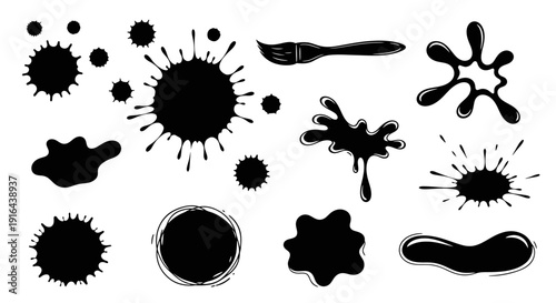 Black ink splatters and brush strokes on a white background, with various shapes and irregular edges