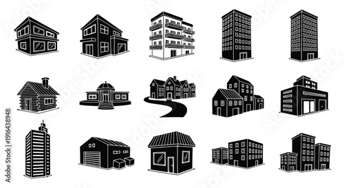 Collection of various black and white outlined building icons including houses, apartments, offices, and commercial structures