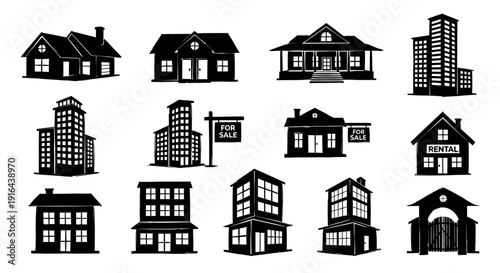 Collection of black and white house and building silhouettes, including residential, commercial, and rental properties