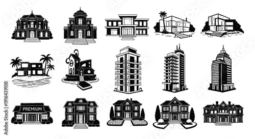Collection of various architectural house styles, including mansions, modern buildings, and beach houses