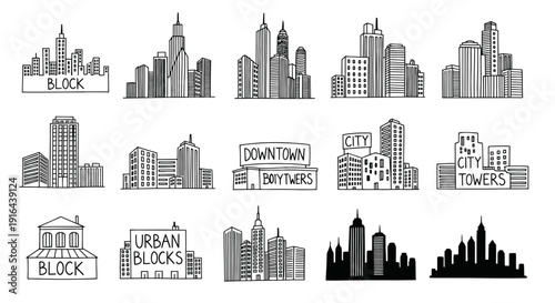 Diverse black and white city skyline sketches with various building styles and labels