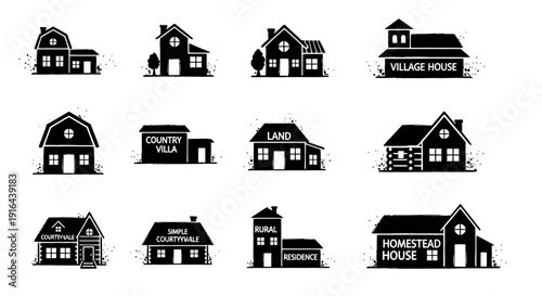 Collection of black silhouette houses with varying designs, labels, and surrounding details