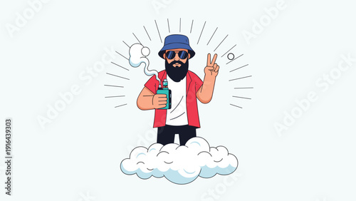 Cool hipster man with a beard and bucket hat vaping while standing on a white cloud with a peace sign gesture.
