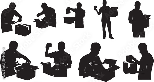 Silhouettes of people moving and packing boxes in various positions