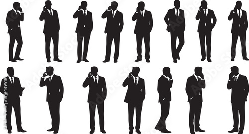 Silhouettes of businessmen in various poses and stances isolated