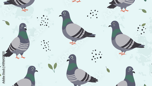 Seamless pattern featuring cute pigeons and green leaves on a light blue background for wallpaper and textiles.