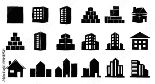 Collection of various black and white silhouette buildings including houses, apartments, and skyscrapers