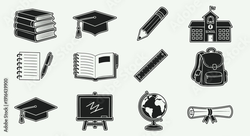 Collection of educational icons including books, graduation cap, notebook, ruler, school building, backpack, and globe