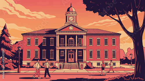 Classic school building architecture under warm sunset sky with students