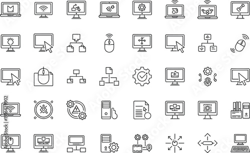 Computer, network, connection, settings, cursor, wireless, and technology line icons set for mobile apps and web interface vector illustration
