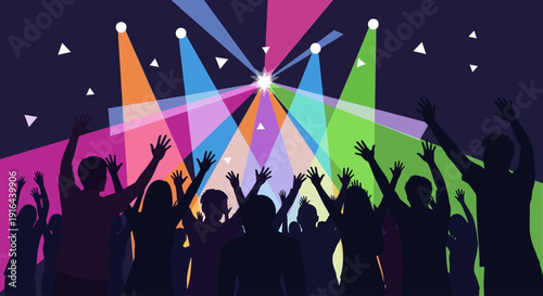 An energetic flat design illustration showing a diverse crowd with raised hands, cheering at a vibrant music festival, capturing the excitement of a live concert. 