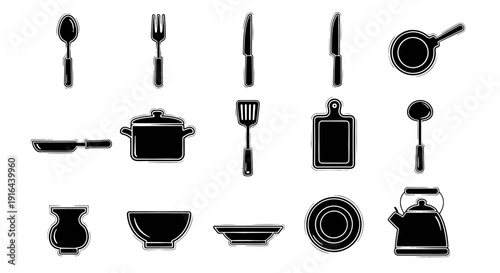 Set of black and white kitchen utensil icons including cutlery, cookware, and tableware symbols