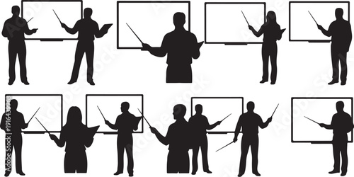 Silhouettes of people presenting on whiteboard in business setting