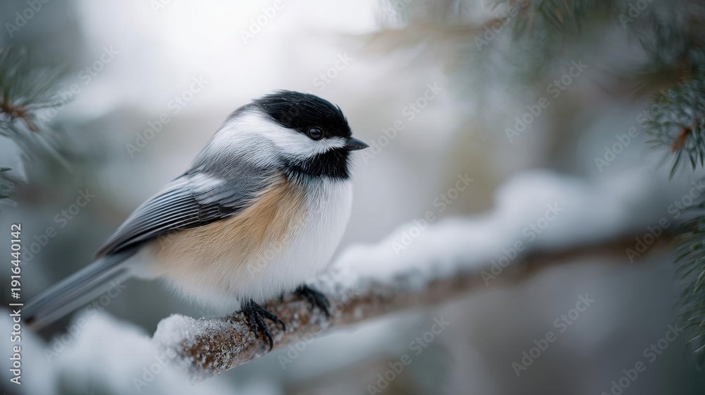 Naklejka premium Photograph of a small bird perched on a branch of a pine tree. the bird is a black-capped chickadee, with a black cap and a white chest and wings. it has a black patch on its head and a black beak.