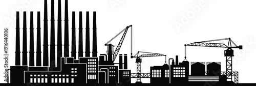 Industrial factory skyline silhouette with cranes buildings smokestacks construction manufacturing production plant infrastructure vector illustration isolated on white background