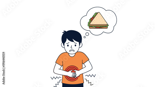 Young boy feeling sick with stomach pain while thinking about a sandwich as a primary cause of food poisoning.