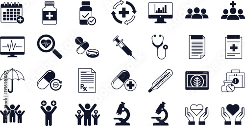 Medical healthcare, pharmacy, hospital, medicine, doctor, insurance, and diagnostic line icons set for mobile apps and web interface vector illustration