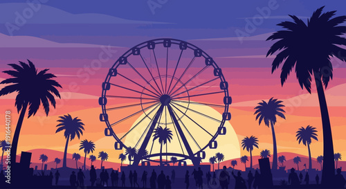A vibrant flat design illustration capturing the iconic Coachella Ferris wheel against a stylized desert sunset, with abstract festival-goers enjoying the view. 