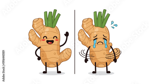 Comparison of a happy ginger root character waving and a sad one crying with a painful stomach ache expression.