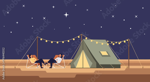 A serene flat design illustration depicting a cozy glamping setup under a starry desert sky, characteristic of the Coachella festival experience.